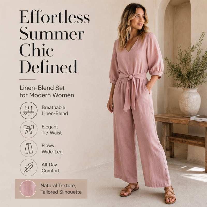 Ensemble pour femme composé d'un haut à col en V noué sur le devant et d'un pantalon à jambes larges