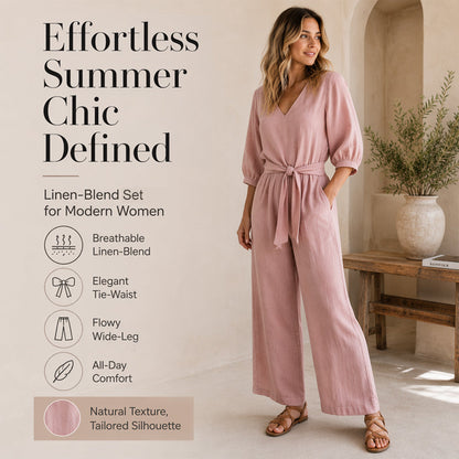 Ensemble pour femme composé d'un haut à col en V noué sur le devant et d'un pantalon à jambes larges