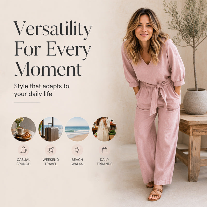 Ensemble pour femme composé d'un haut à col en V noué sur le devant et d'un pantalon à jambes larges