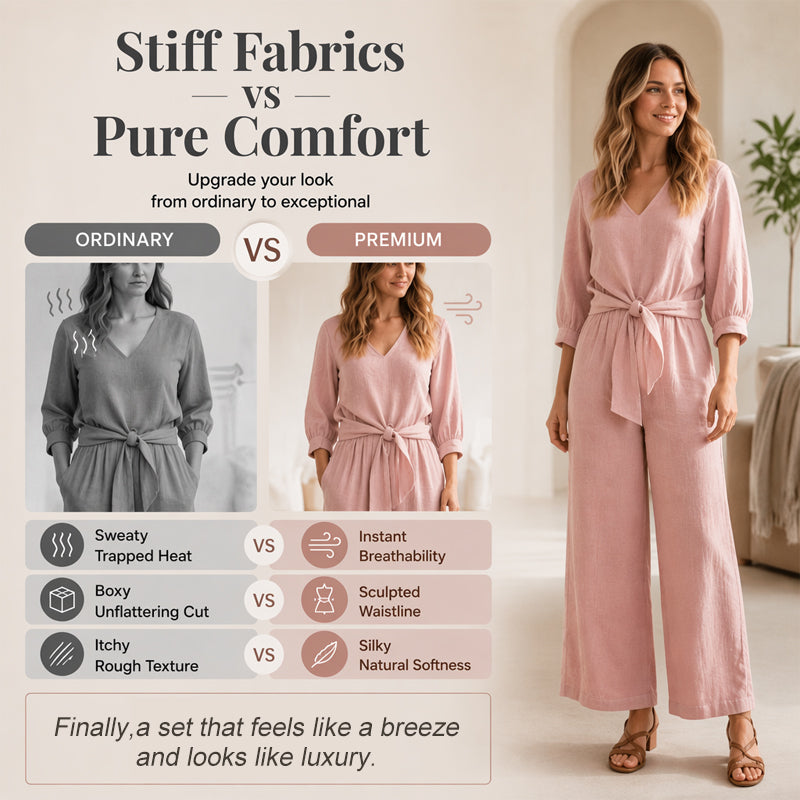 Ensemble pour femme composé d'un haut à col en V noué sur le devant et d'un pantalon à jambes larges