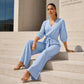 Ensemble pour femme composé d'un haut à col en V noué sur le devant et d'un pantalon à jambes larges