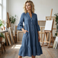 Robe midi évasée en tissu texturé uni