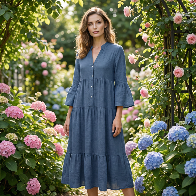 Robe midi évasée en tissu texturé uni