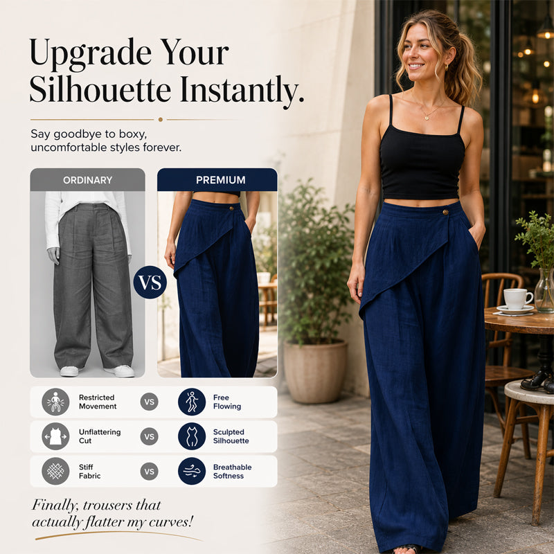 Pantalon pour femme à entrejambe asymétrique et jambes larges
