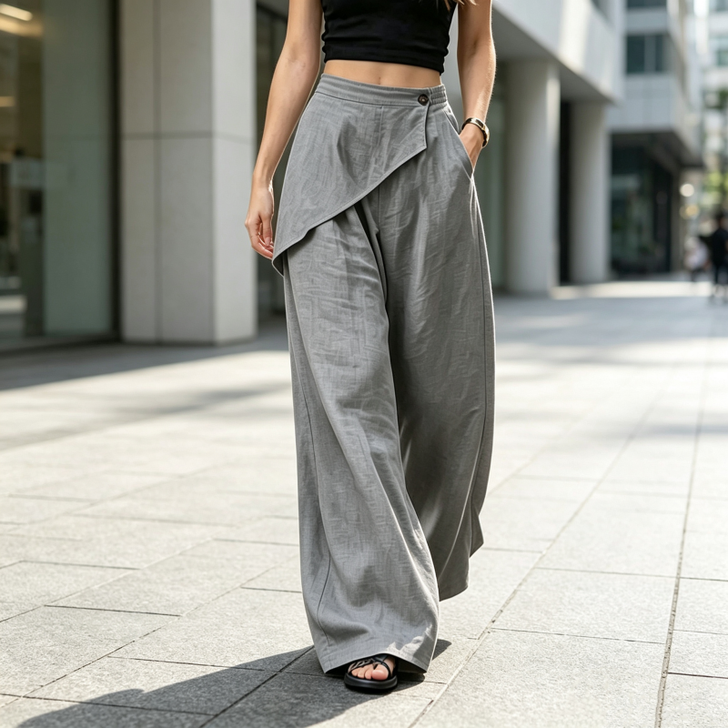 Pantalon pour femme à entrejambe asymétrique et jambes larges