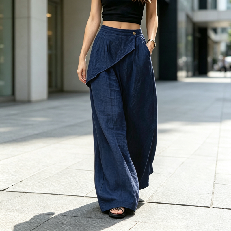 Pantalon pour femme à entrejambe asymétrique et jambes larges