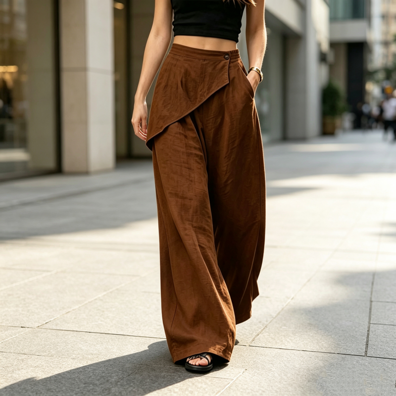 Pantalon pour femme à entrejambe asymétrique et jambes larges