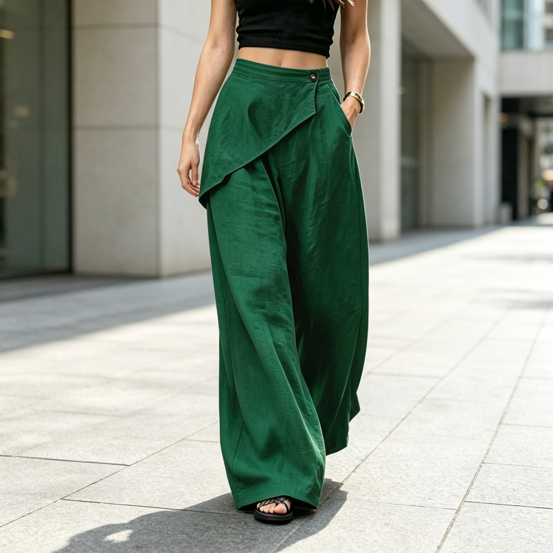 Pantalon pour femme à entrejambe asymétrique et jambes larges