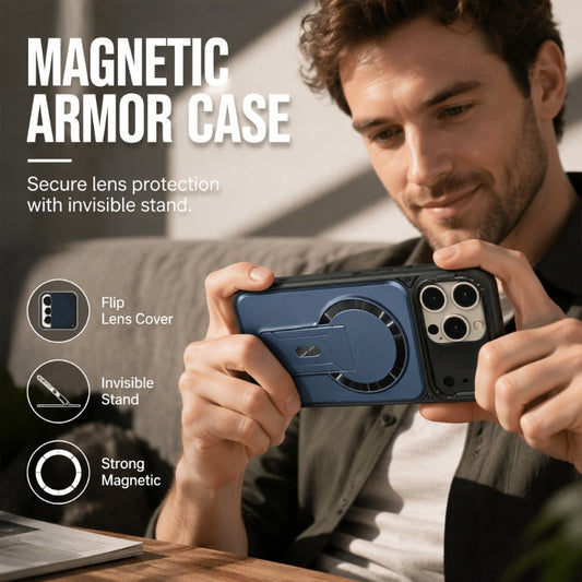 Coque magnétique pour téléphone avec cache-objectif rabattable et support intégré invisible