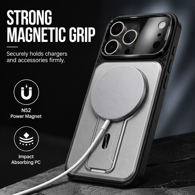 Coque magnétique pour téléphone avec cache-objectif rabattable et support intégré invisible