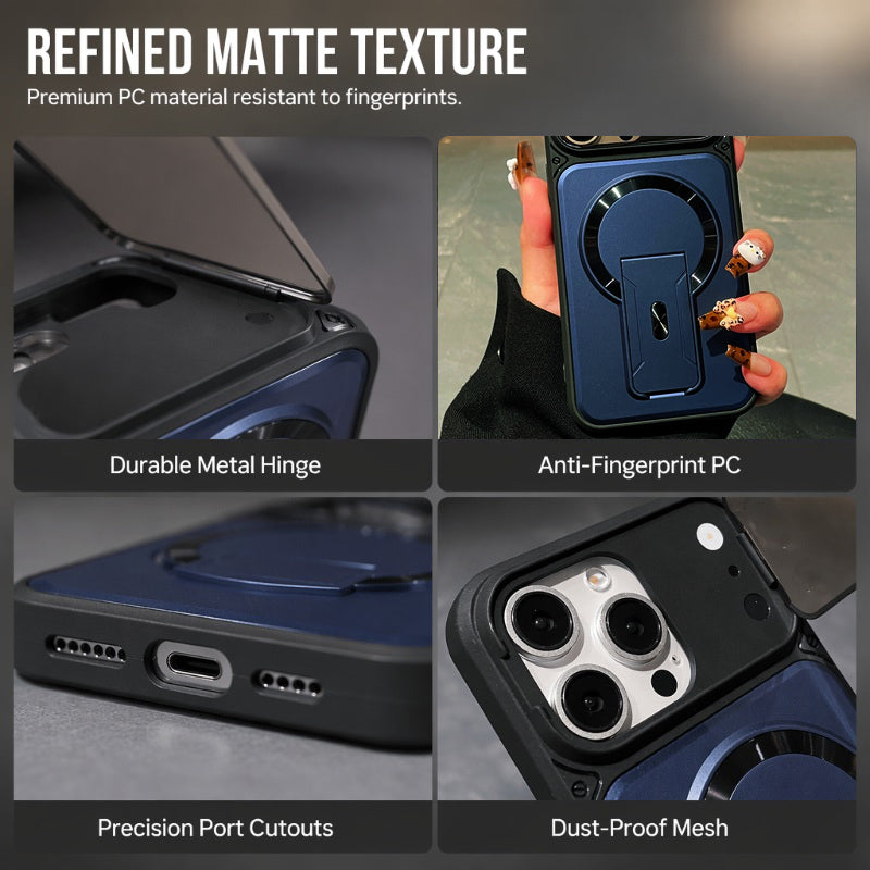 Coque magnétique pour téléphone avec cache-objectif rabattable et support intégré invisible