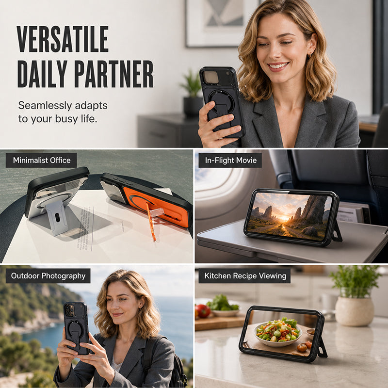 Coque magnétique pour téléphone avec cache-objectif rabattable et support intégré invisible