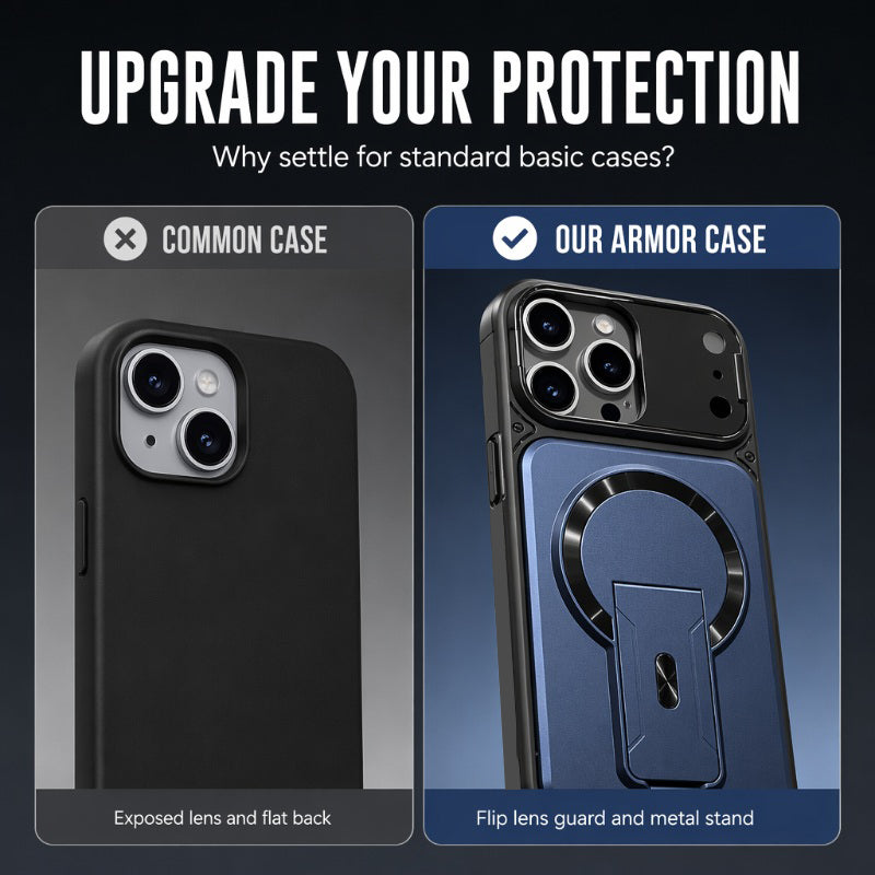 Coque magnétique pour téléphone avec cache-objectif rabattable et support intégré invisible