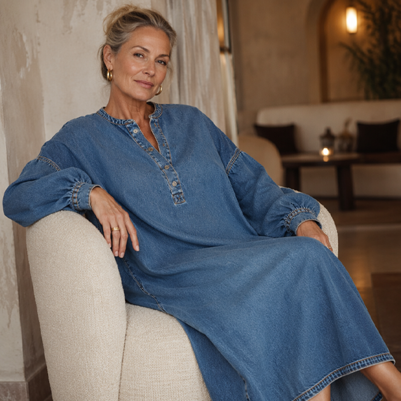 Robe longue en jean à manches lanternes pour femme