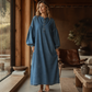 Robe longue en denim femme coupe oversize, encolure boutonnée demi-poitrine, manches lanternes bouffantes avec poches latérales🍃 Coupe ample sans contrainte