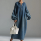 Robe longue en denim femme coupe oversize, encolure boutonnée demi-poitrine, manches lanternes bouffantes avec poches latérales🍃 Coupe ample sans contrainte