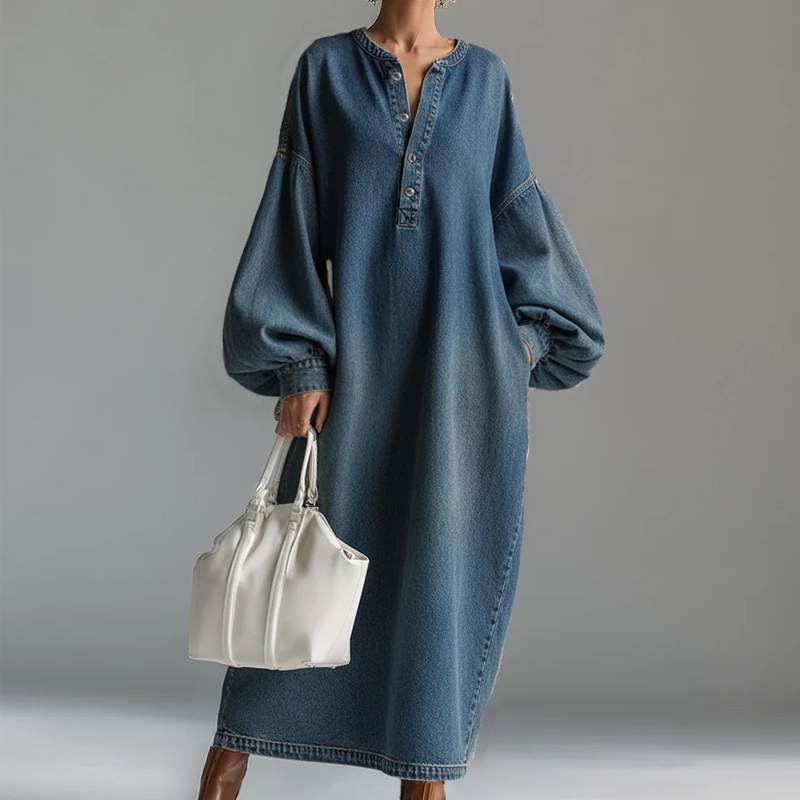 Robe longue en jean à manches lanternes pour femme