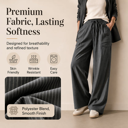 Pantalon droit côtelé femme à taille élastique et cordon de serrage, coupe ample fluide, tissu texturé doux pour usage quotidien🔥-44%🍃 Coupe ample sans serrement, plusieurs coloris unis polyvalents