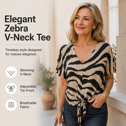 T-shirt à imprimé zèbre, col en V et nœud sur le devant pour femme