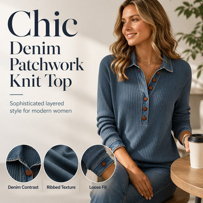 🔥-50% Haut maille patchwork femme col denim manches longues boutons devant🍃 Coupe confortable sans serrement, plusieurs coloris unis disponibles
