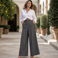 Pantalon large taille haute pour femme avec bordures contrastées