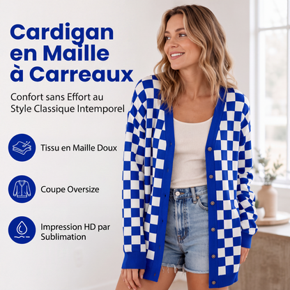 Cardigan en tricot à carreaux à manches longues pour femme