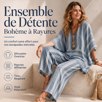 Ensemble décontracté 2 pièces à rayures, col V, coupe ample pour femme
