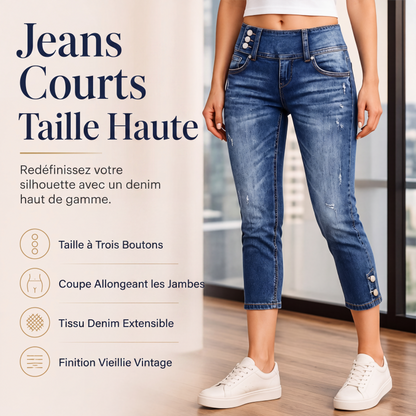 Jean court taille haute pour femme, coupe ajustée