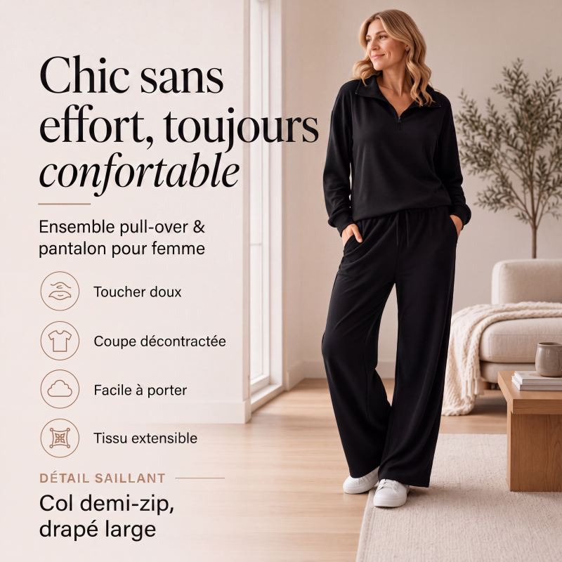 Ensemble pour femme : haut à col rabattu demi-zip et pantalon large