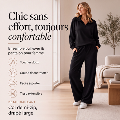 Ensemble pour femme : haut à col rabattu demi-zip et pantalon large