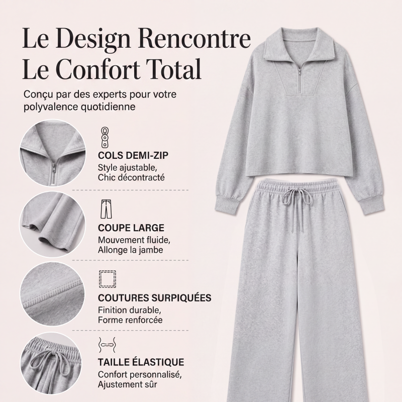 Ensemble pour femme : haut à col rabattu demi-zip et pantalon large