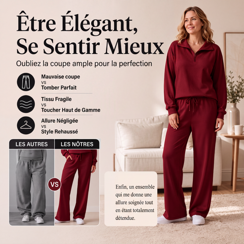 Ensemble pour femme : haut à col rabattu demi-zip et pantalon large