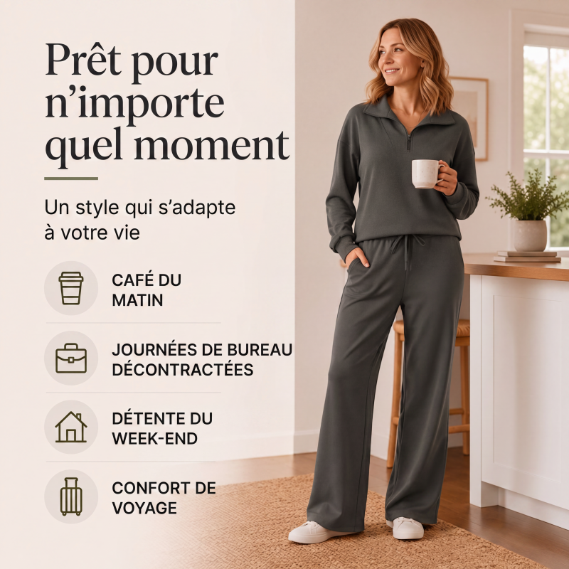 Ensemble pour femme : haut à col rabattu demi-zip et pantalon large
