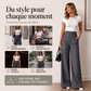 Pantalon taille haute à jambes larges pour femme avec boutons sur les côtés
