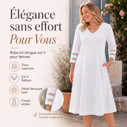 Robe mi-longue décontractée à col V pour femme