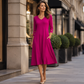 Robe mi-longue décontractée à col V pour femme