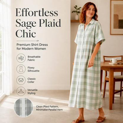 Robe-chemise longue à carreaux pour femme, avec boutons