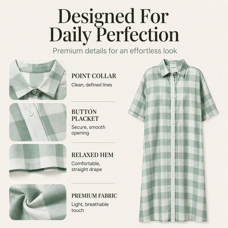 Robe-chemise longue à carreaux pour femme, avec boutons