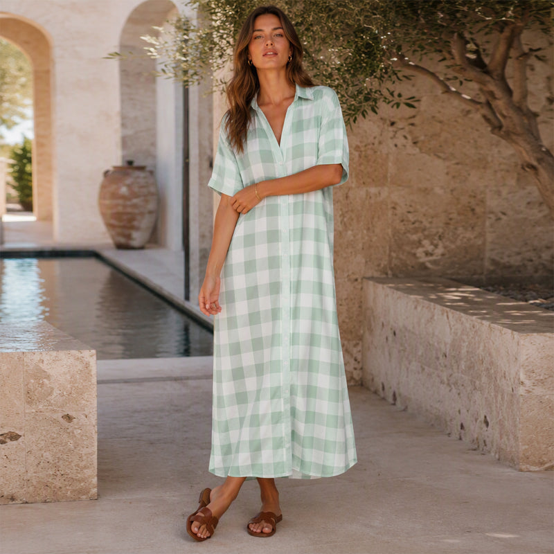Robe-chemise longue à carreaux pour femme, avec boutons