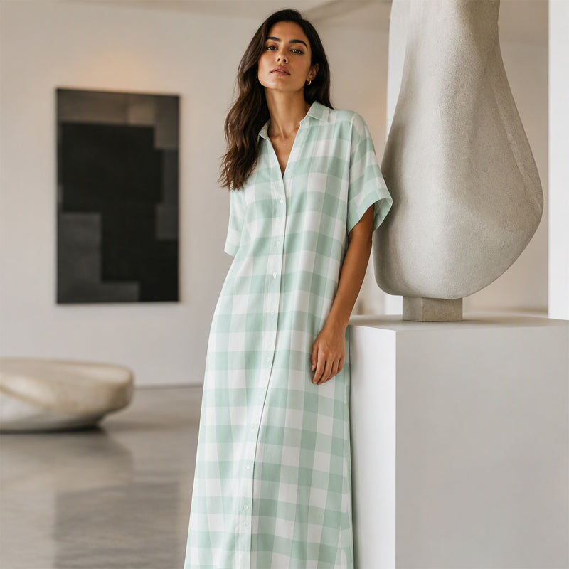 Robe-chemise longue à carreaux pour femme, avec boutons