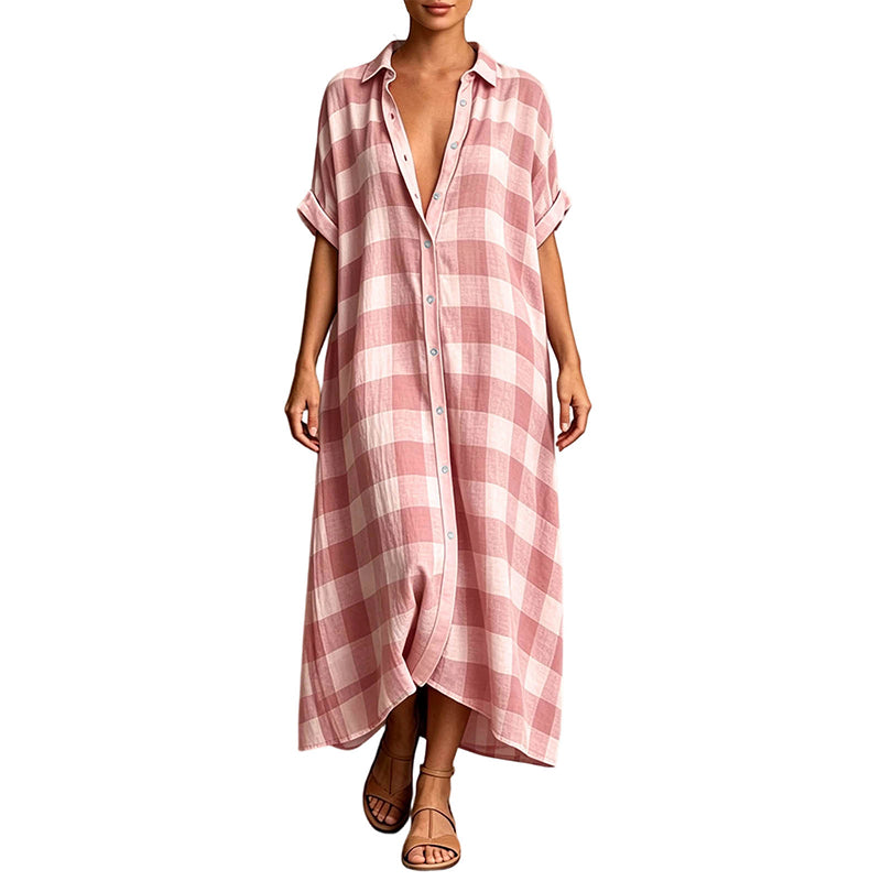 Robe-chemise longue à carreaux pour femme, avec boutons
