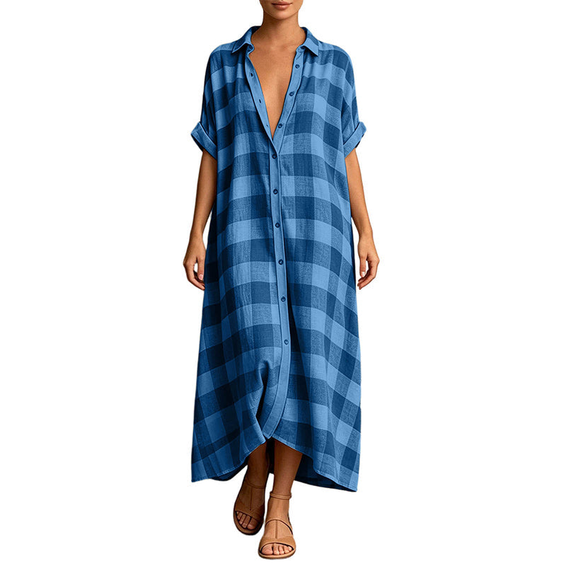 Robe-chemise longue à carreaux pour femme, avec boutons