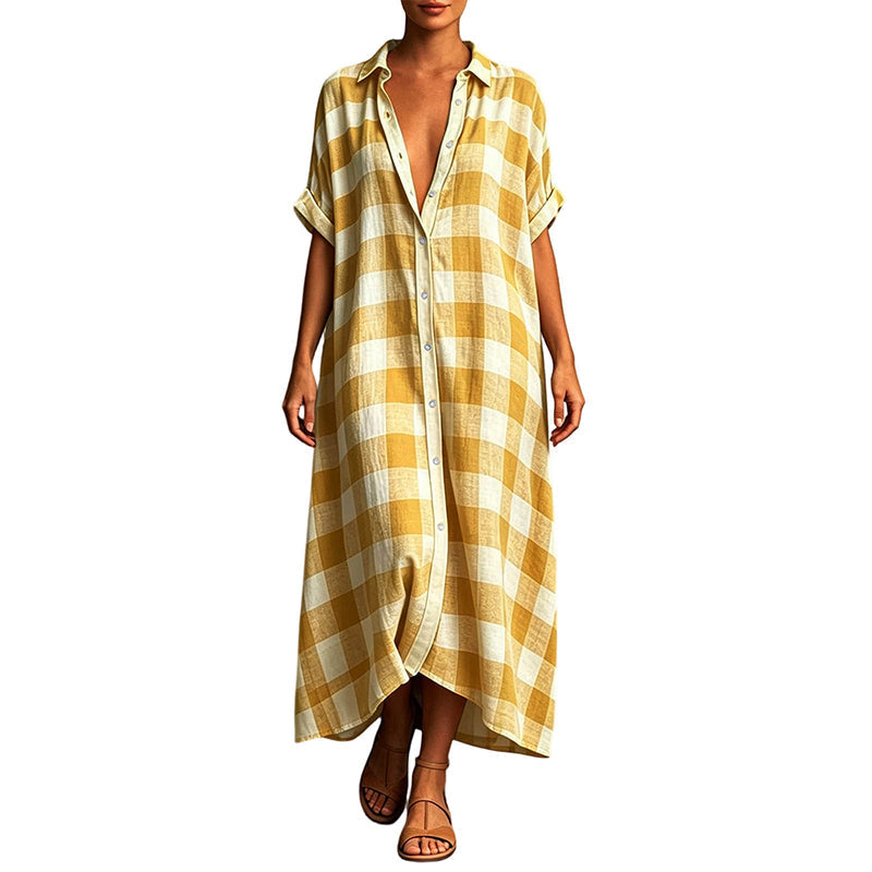 Robe-chemise longue à carreaux pour femme, avec boutons