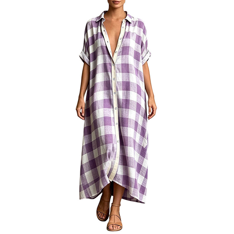Robe-chemise longue à carreaux pour femme, avec boutons