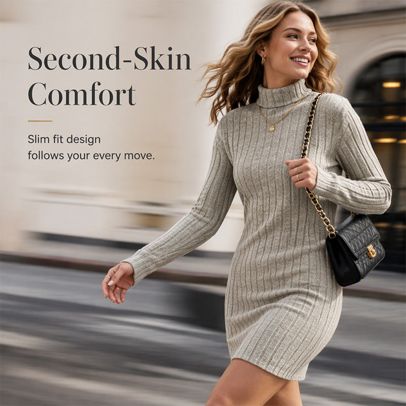 Robe-pull à col roulé et manches longues côtelée pour femme
