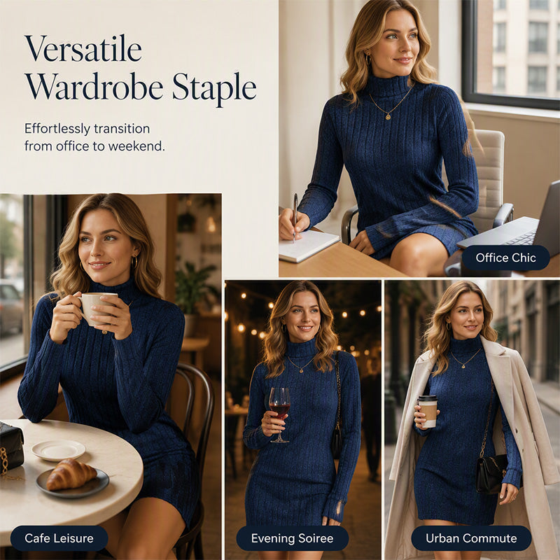 Robe-pull à col roulé et manches longues côtelée pour femme