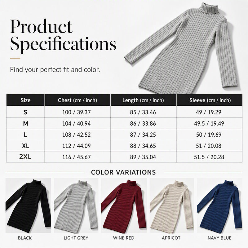 Robe-pull à col roulé et manches longues côtelée pour femme