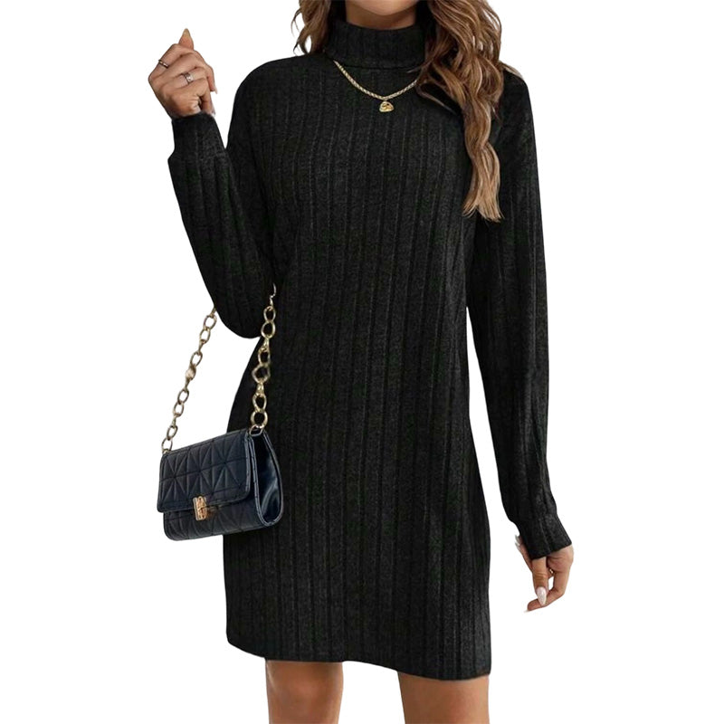 Robe-pull à col roulé et manches longues côtelée pour femme