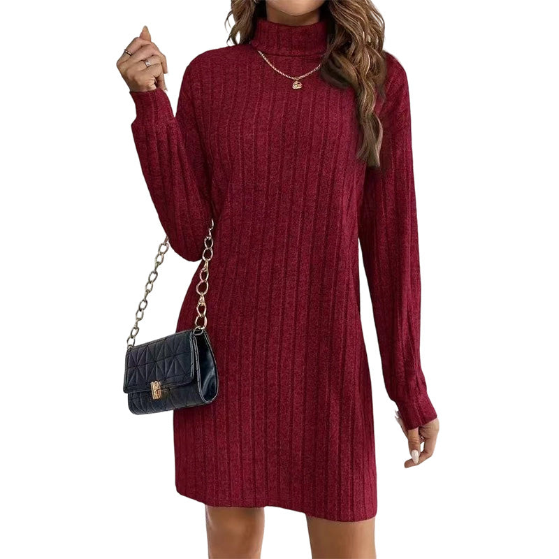 Robe-pull à col roulé et manches longues côtelée pour femme