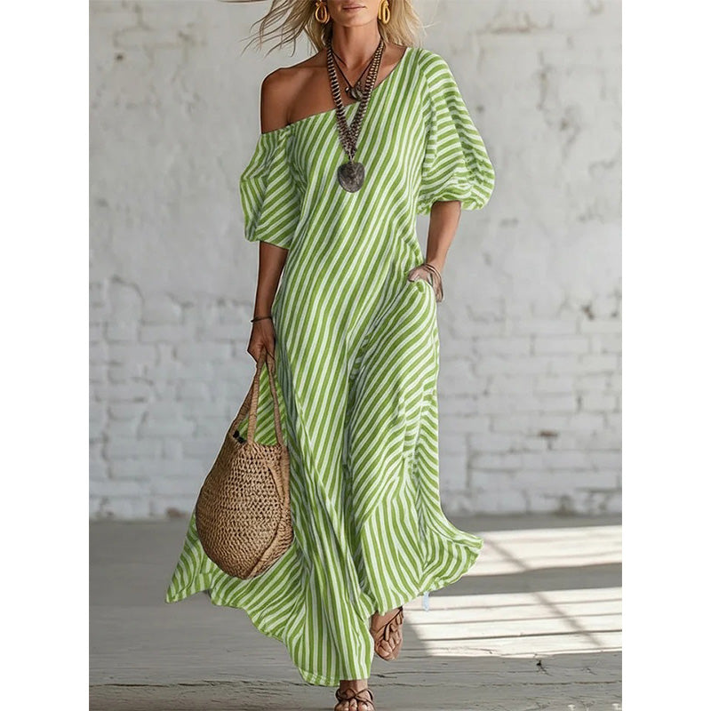 Robe longue à rayures et à une seule bretelle pour femme